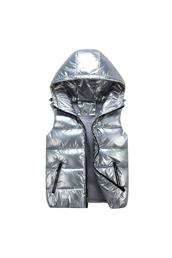 Puffer Vest Womens Hooded Bright Color Winter Zip Up Lightweight Sleeveless Puffy Down Cotton Jacket Waistcoat (X-Large, Silver)