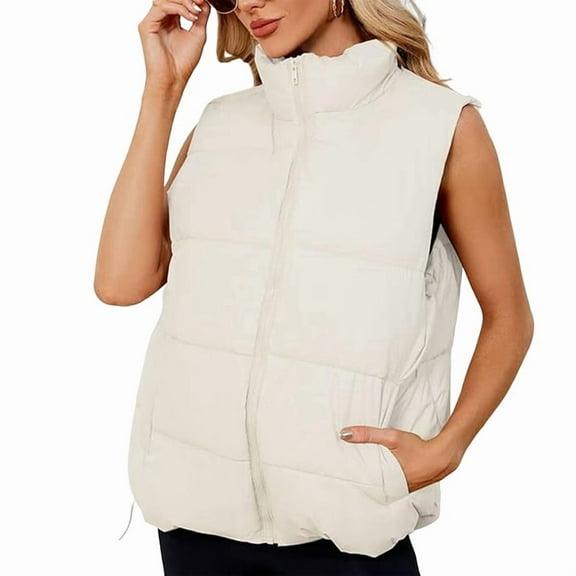 Puffer Vest for Female'S Outerwear Vests Puffy Oversized Quilted Vest Tops Jackets Coat with Pockets Apricot M
