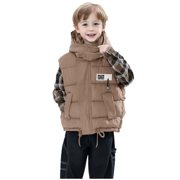 Puffer Vest for Kids Foldable Hooded Zip Up Logo Print Padded Girls Coat Boys Sleeveless Shirt with Pockets(5 Years 130,Khaki)