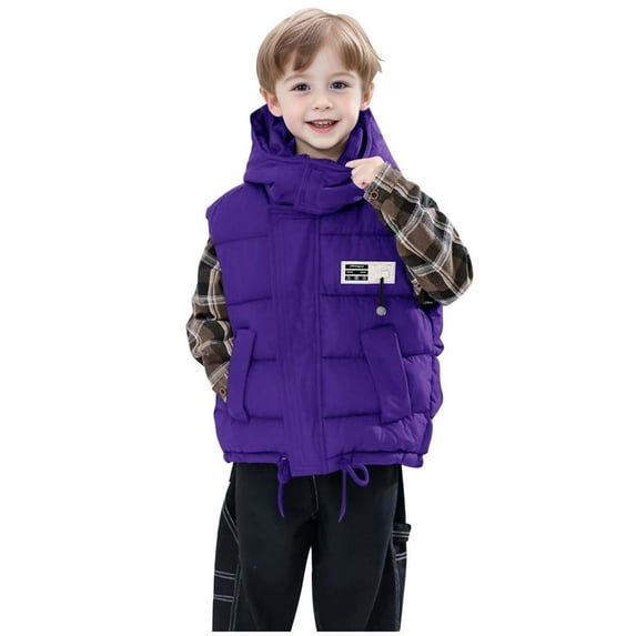 Puffer Vest for Kids Foldable Hooded Zip Up Logo Print Padded Girls Coat Boys Sleeveless Shirt with Pockets(7 Years 150,Purple)