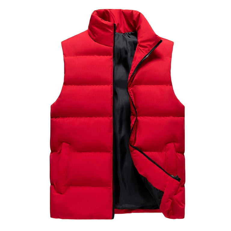 Puffer Vest for Men Fashion 2024 Solid Color Stand Collar Unisex Zip Up Pockets Down Jacket Sleeveless Waistcoat 3X Large Red