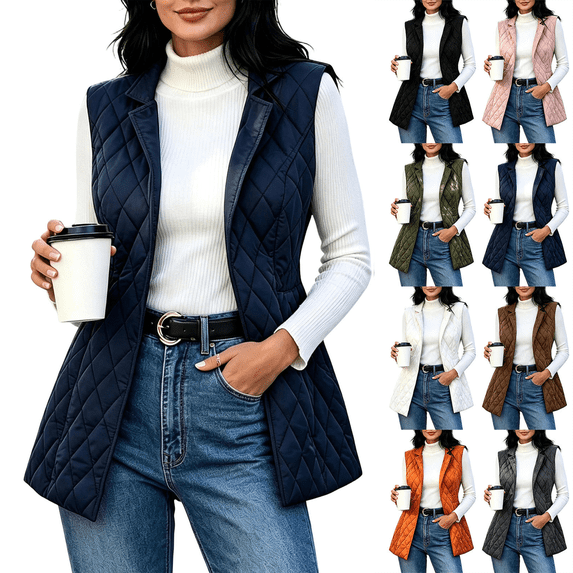 Puffer Vest for Women Casual Sleeveless Slapel Collar Cardigan Jacket with Pockets Lightweight Quilted Vest Jacket,Sizes S-3XL