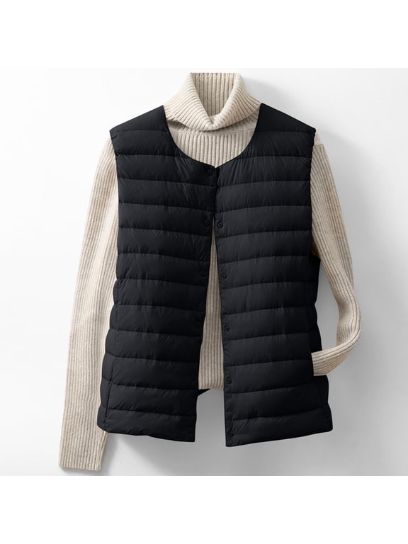 for Women Cropped Lightweight Sleeveless Buttons Quilted Padded Coat Winter Warm Insulated Jacket with Pockets