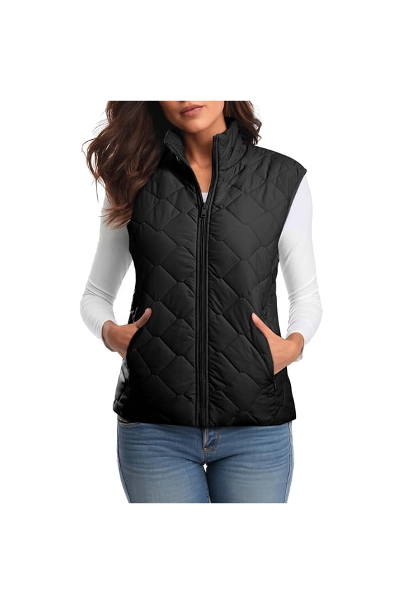 Puffer Vest for Women Lightweight Sleeveless Quilted Fall Winter Jackets Full Zip Up Stand Collar Coat With Pockets (XL, Black)