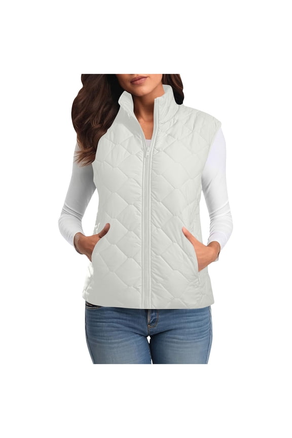 Puffer Vest for Women Lightweight Sleeveless Quilted Fall Winter Jackets Full Zip Up Stand Collar Coat With Pockets (XL, White)