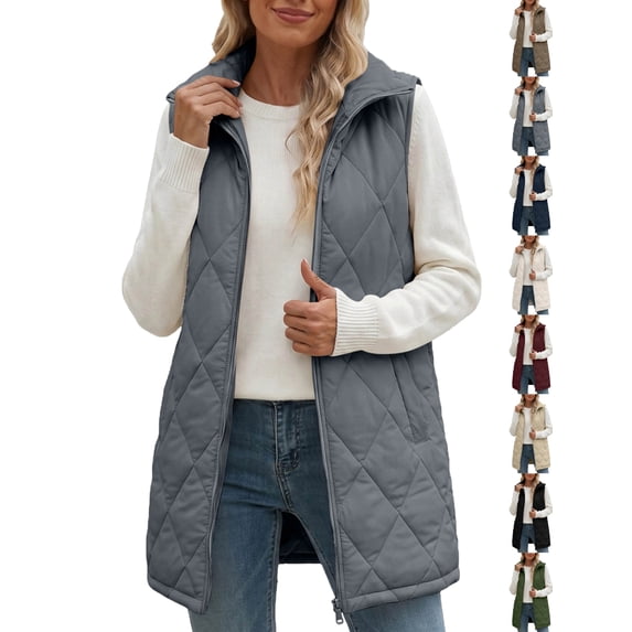 Puffer Vest for Women Long Stand Collar Quilted Vest - Lightweight Sleeveless Jacket, Warm Zip Up Gilet with Pockets for Fall Winter