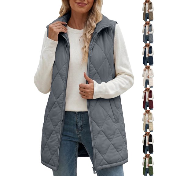 Puffer Vest for Women Long Stand Collar Quilted Vest - Lightweight Sleeveless Jacket, Warm Zip Up Gilet with Pockets for Fall Winter