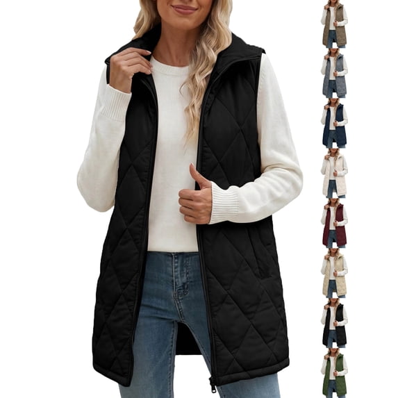 Puffer Vest for Women Long Stand Collar Quilted Vest - Lightweight Sleeveless Jacket, Warm Zip Up Gilet with Pockets for Fall Winter