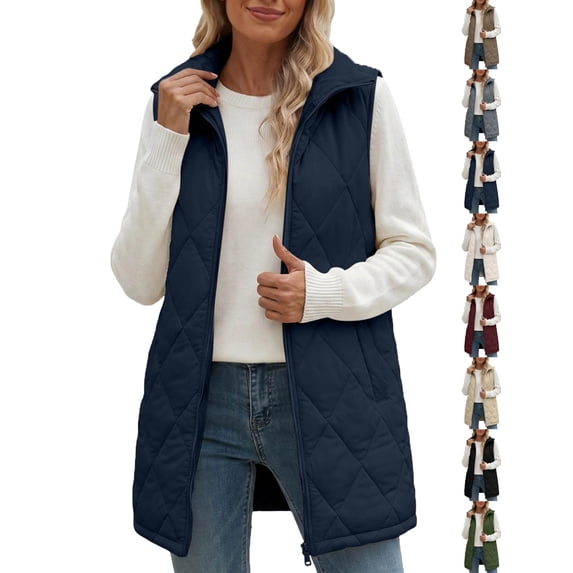 Puffer Vest for Women Long Stand Collar Quilted Vest - Lightweight Sleeveless Jacket, Warm Zip Up Gilet with Pockets for Fall Winter