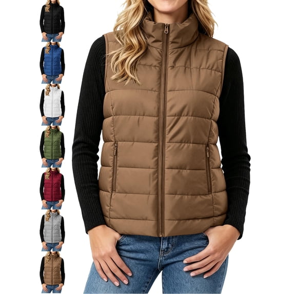 Puffer Vest for Women Quilted Stand Collar Zip Front Side Pockets Warm Casual Winter Vest
