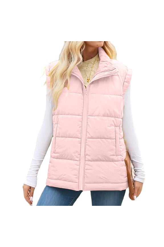 Puffer Vest for Women Sleeveless Stand Collar Solid Zip Up Padded Outerwear Jacket with Pockets Pink 2XL