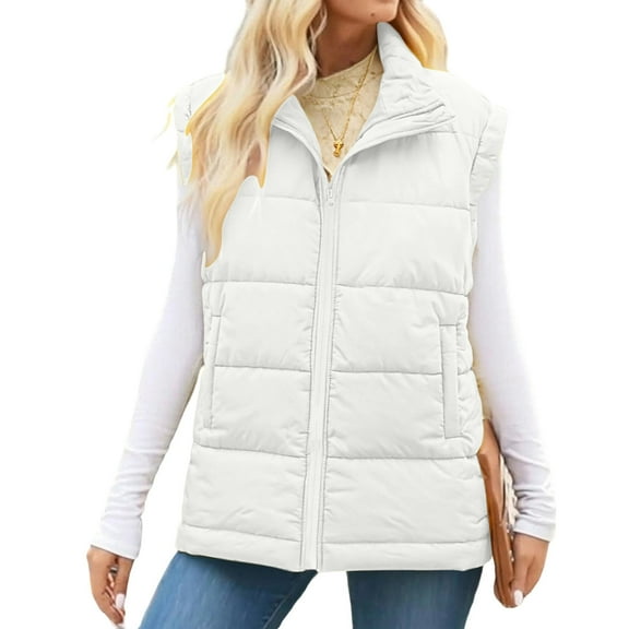 Puffer Vest for Women Sleeveless Stand Collar Solid Zip Up Padded Outerwear Jacket with Pockets White XL