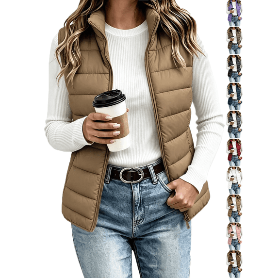 Puffer Vest for Women Stand Collar Zip Up Sleeveless Jacket, Warm Quilted Waistcoat with Pockets for Fall Winter Casual Wear