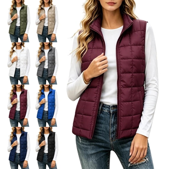 Puffer Vest for Womens Lightweight Sleeveless Quilted Jackets Stand Collar Zip‑Up Fall Spring Winter Zip Up Coat Outerwear with Pockets