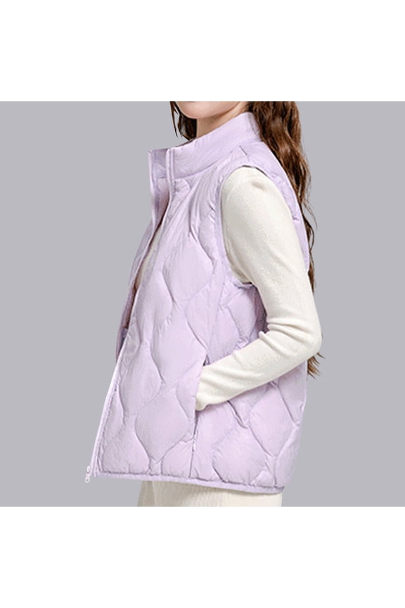 Puffer Vests Women Lightweight Quilted Stand Collar Sleeveless Jackets Fall Winter Zip up Gilet Coat Purple M