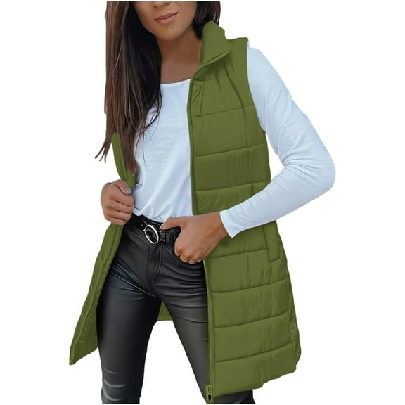Puffer Vests for Women Long Hooded Lightweight Jacket Warm Sleeveless Fall Winter down Coat Outerwear New Casual Outerwear for Women Army Green M