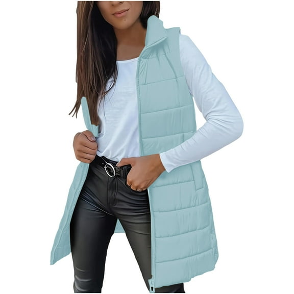 Puffer Vests for Women Long Hooded Lightweight Jacket Warm Sleeveless Fall Winter down Coat Outerwear New Women's Vests for Fall Winter Light Blue XL