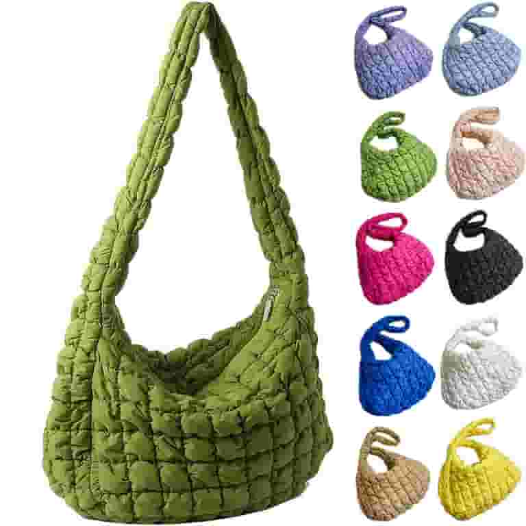 送料無料 / cotton and nylon handbag with woven design Puffer shoulder bag Nylon padded woven handbag designer
