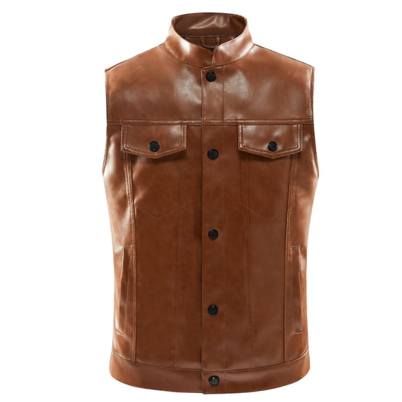 Puffer vest Mens Leather Solid Color Pocket Button Stand Up Collar Lunch Break Leather Leather Vest Vest Coat Jacket