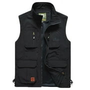 Puffer vest men Solid V-neck Casual Mesh Multiple Pockets Zipper Blouse Outdoor Work Tops Travel Ghotography Vest lightweightWindproof Bomber Jackets Black XXXXXL