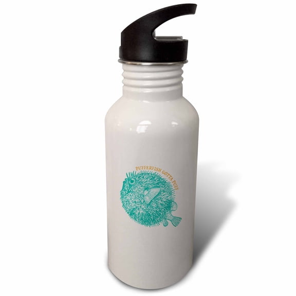 3dRose, Pufferfish Gotta Puff- Adorable Pufferfish Design in Teal and Orange, Flip Straw 21oz Water Bottle