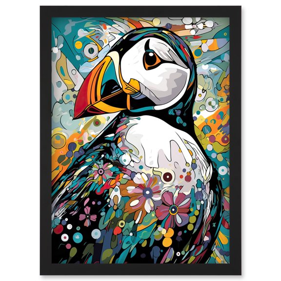 Puffin Bird Acrylic Painting Floral Psychedelic Aquatic Bird Colourful Flowers Artwork Framed Wall Art Print A4