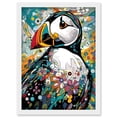 thumbnail image 1 of Puffin Bird Acrylic Painting Floral Psychedelic Aquatic Bird Colourful Flowers Artwork Framed Wall Art Print A4, 1 of 4