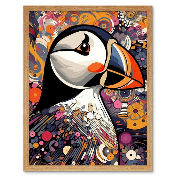 Puffin Bird Geometric Patterns Colourful Busy Bright Psychedelic Modern Maximalist Art Print Framed Poster Wall Decor 12x16 inch