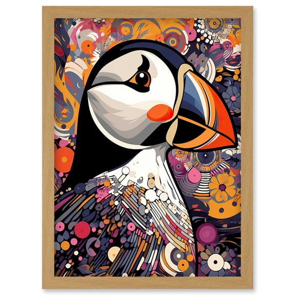 Puffin Bird Geometric Patterns Colourful Busy Bright Psychedelic Modern Maximalist Artwork Framed Wall Art Print A4