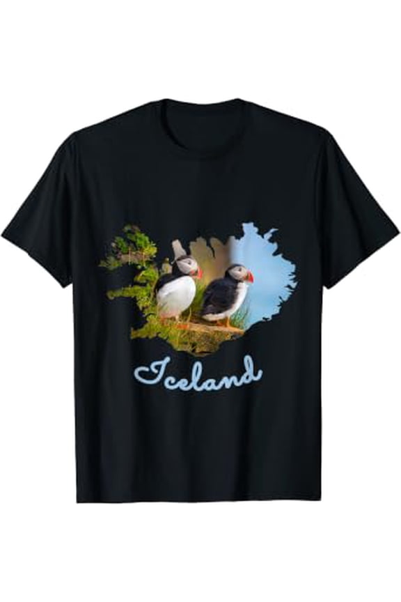 Puffin Bird Iceland Map Outline & Text Design T-Shirt