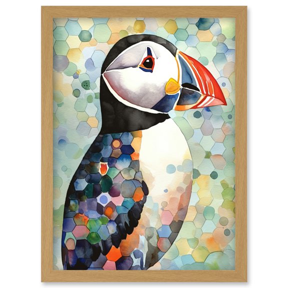 Puffin Bird Portrait Pastel Colour Folk Art Artwork Framed Wall Art Print A4