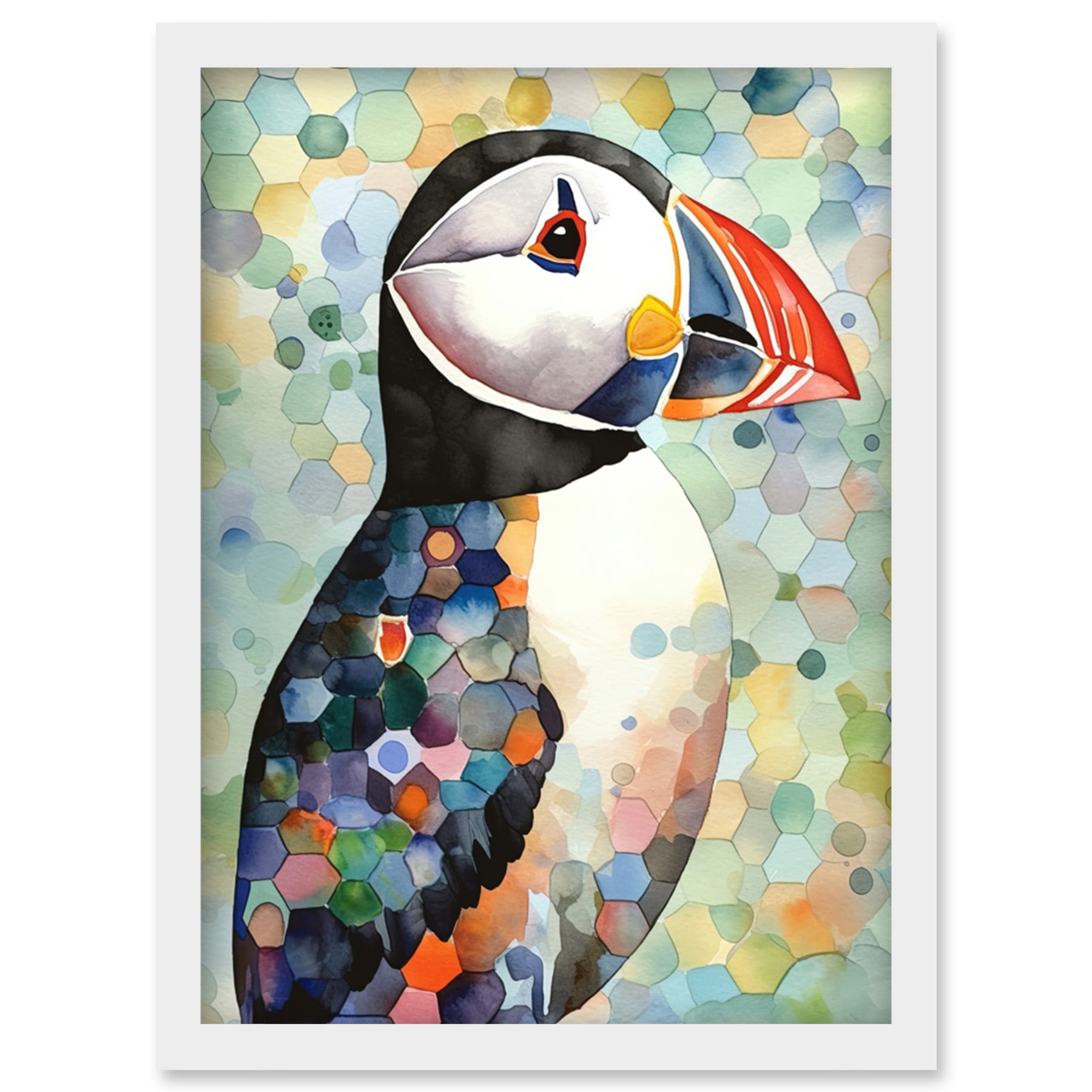 Puffin Bird Portrait Pastel Colour Folk Art Artwork Framed Wall