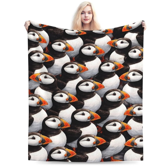 Puffin Wildlife Throw Blanket, Repeating Seabird Animal Art Design, Soft Fleece Blanket for Sofa, Bed, Living Room Home Decor 50x40