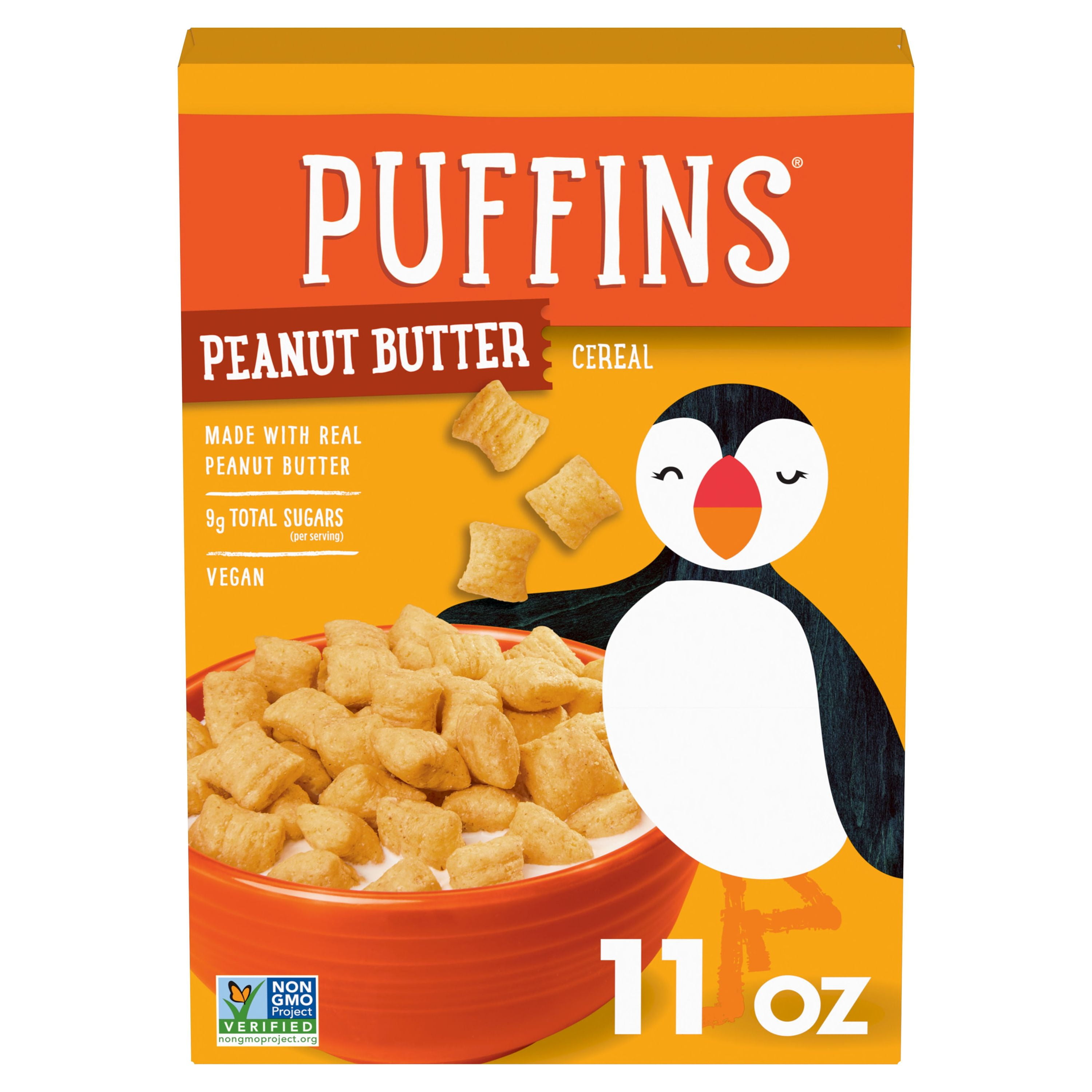 Puffins Cereal, Puffed Peanut Butter Cereal, 11 OZ Box
