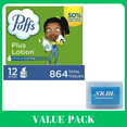 thumbnail image 1 of Puffs Plus Lotion 2-Ply Facial Tissues 12 Cube Boxes, 72 tissues/box-with Scrub Sponge, 1 of 8