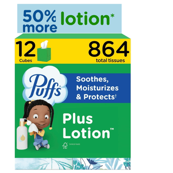 Puffs Plus Lotion 2-Ply Facial Tissues 12 Cube Boxes, 72 tissues/box