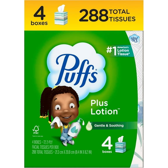Puffs Plus Lotion Facial STF9Tissue, 4 Mega Cube Boxes, 72 Tissues Per Box