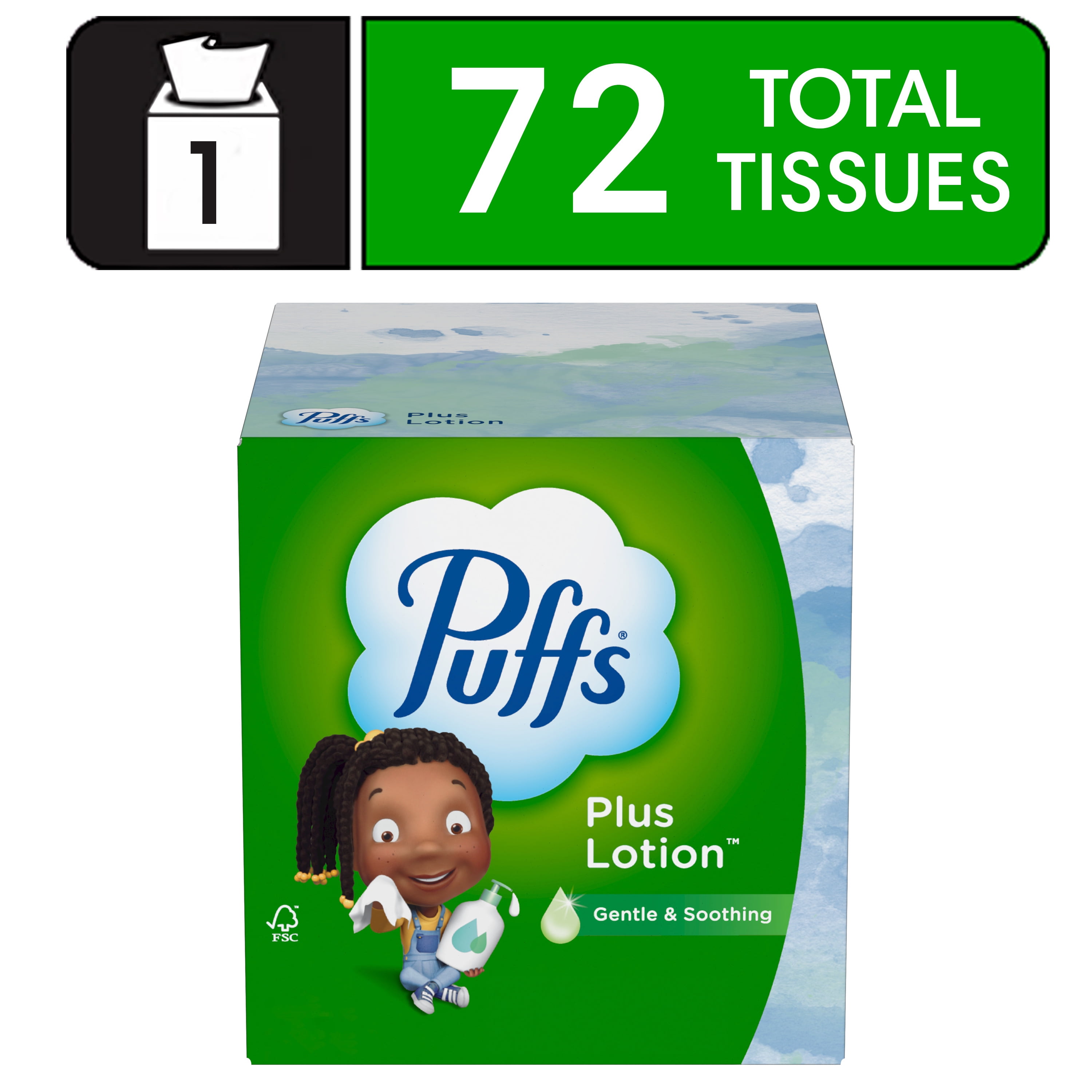 Puffs Plus Lotion Facial Tissue, 1 Mega Cube Box, 72 Tissues per Box