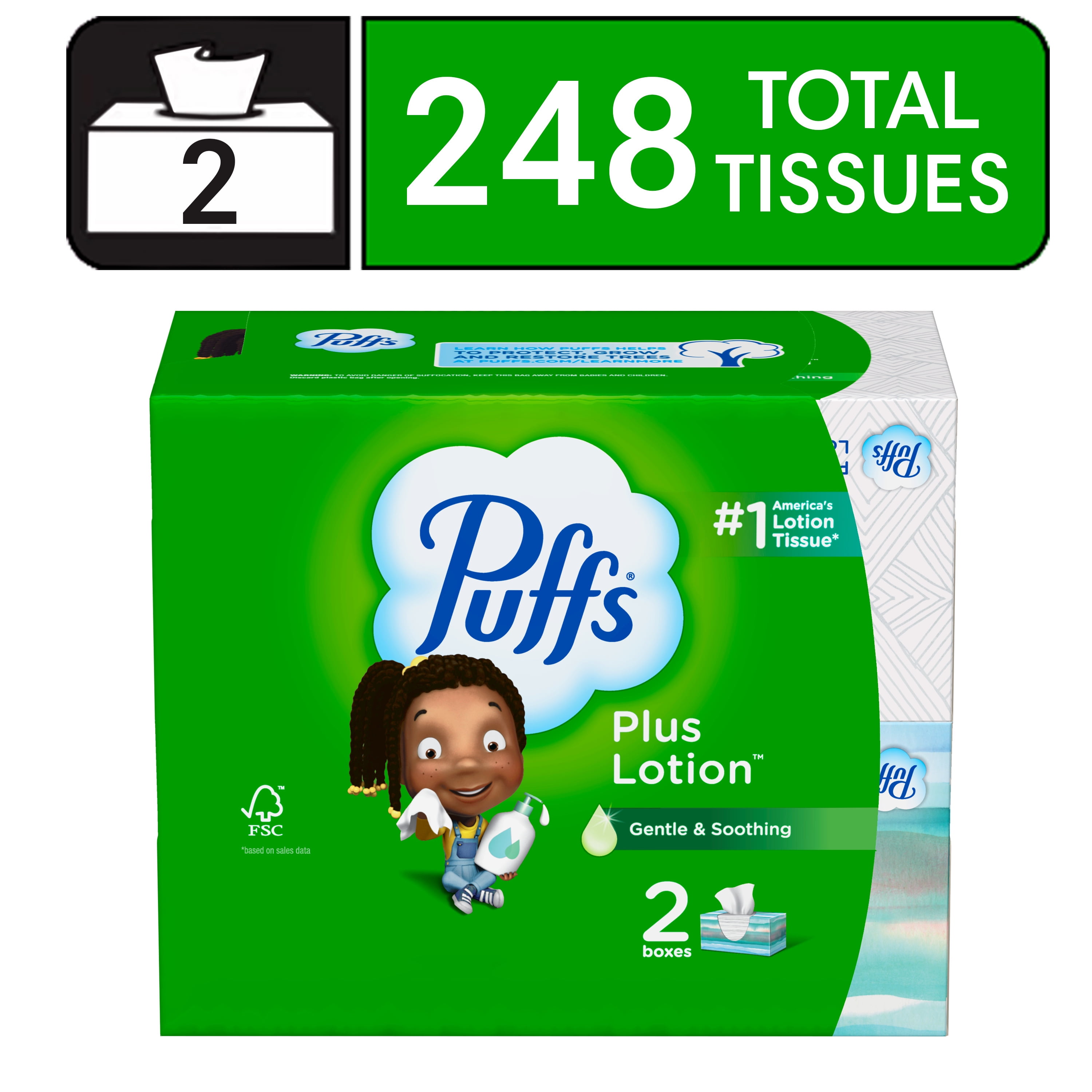 Puffs Plus Lotion Facial Tissue, 2 Family Size Boxes, 124 Tissues per Box