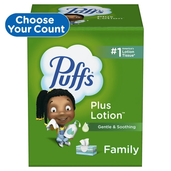Puffs Plus Lotion Facial Tissue, 2 Family Size Boxes, Green 124 Tissues per Box