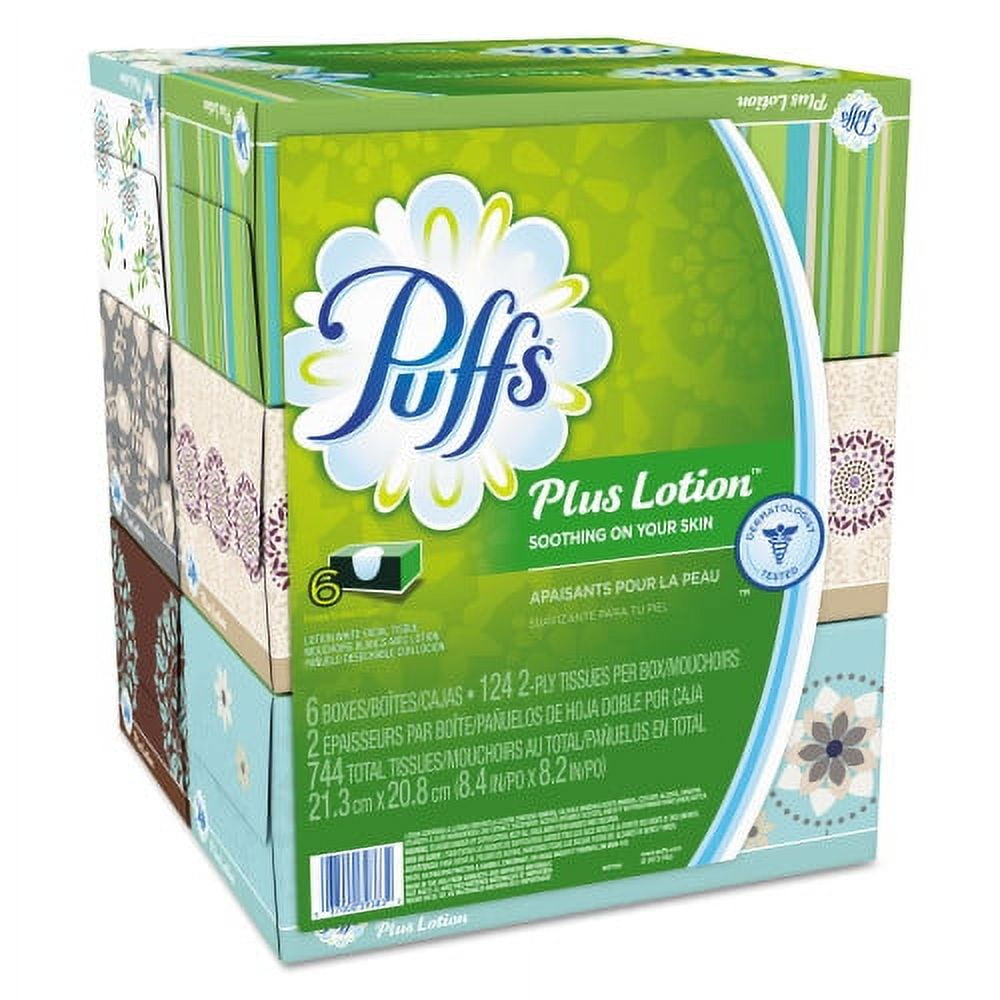 Puffs Plus Lotion Facial Tissue, 2Ply, White, 124 Sheets/Box, 6 Boxes