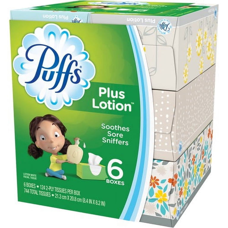 Puffs Plus Lotion Facial Tissue, 2-Ply, White, 124 Sheets/Box, 6 Boxes/Pack 