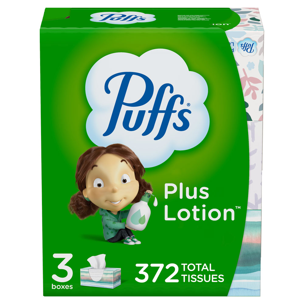 Puffs Plus Lotion Facial Tissue, 3 Family Boxes, 124 Facial Tissues Per Box - image 1 of 11