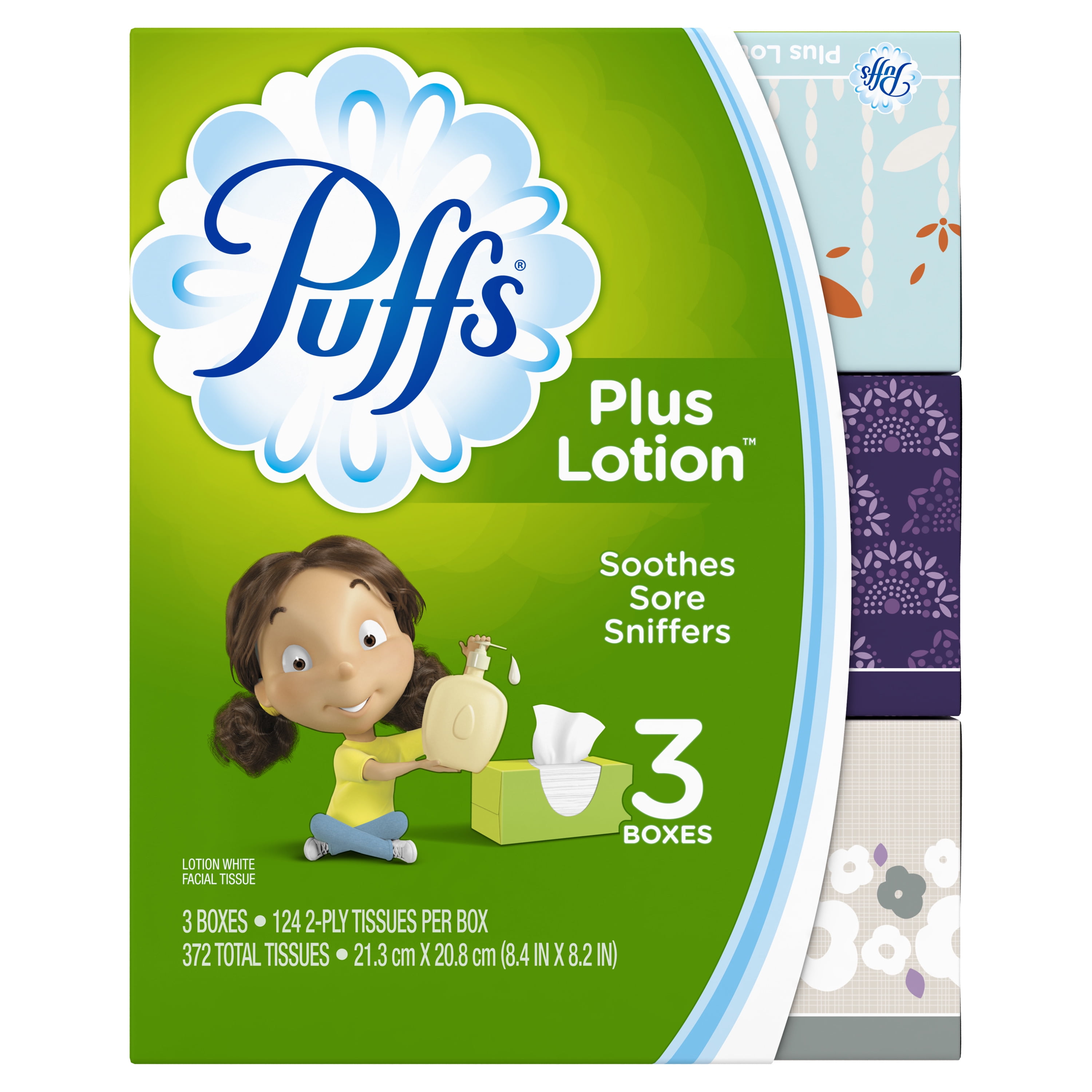 Puffs Plus Lotion Facial Tissue, 3 Family Boxes, 124 Facial Tissues Per Box