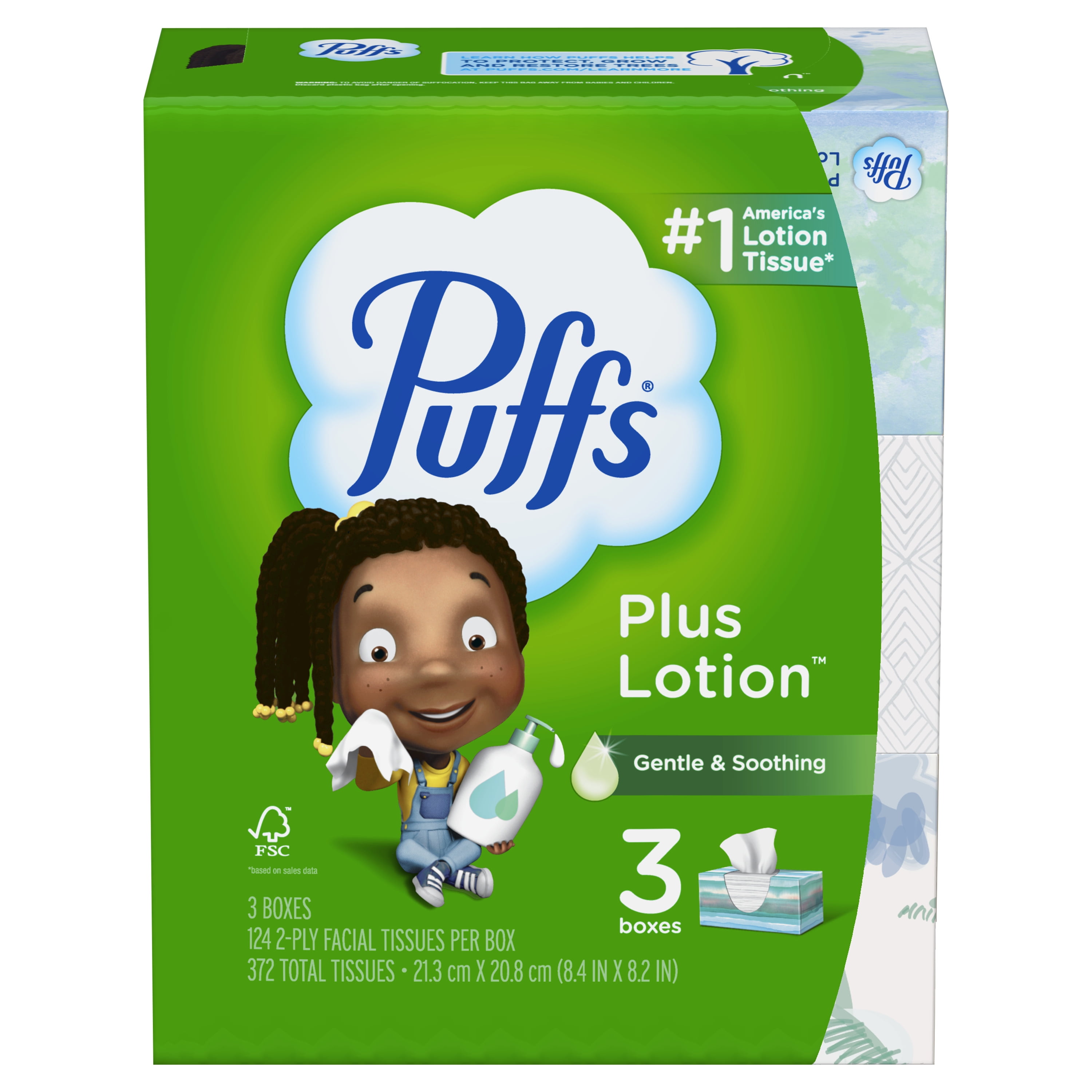 Puffs Plus Lotion Facial Tissue, 3 Family Boxes, 124 Facial Tissues Per Box