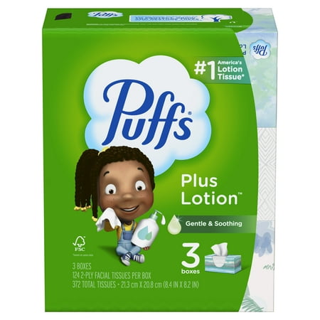 Puffs Plus Lotion Facial Tissue, 3 Family Boxes, 124 Facial Tissues Per Box