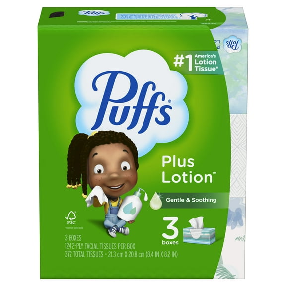 Puffs Plus Lotion Facial Tissue, 3 Family Boxes, 124 Facial Tissues Per Box