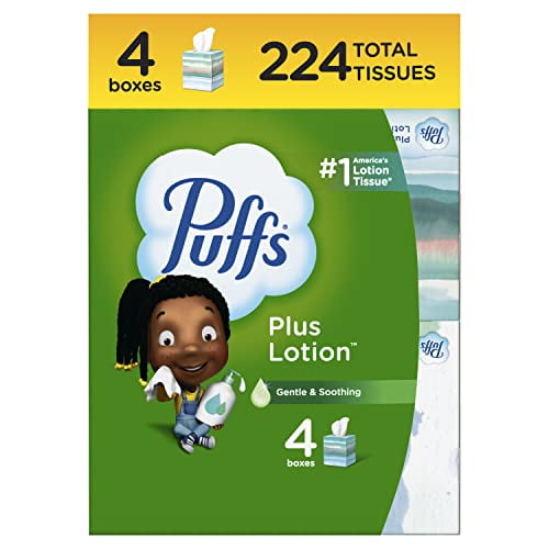 Puffs Plus Lotion Facial Tissue, 4 Cube Boxes, 56 Tissues Per Box