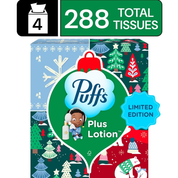 Puffs Facial Tissue Plus Lotion, 4 Mega Cube Boxes, 72 Tissues Per Box