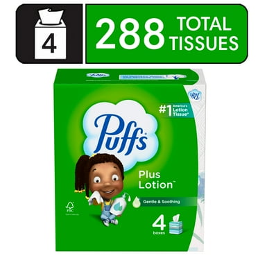 Puffs Plus Lotion Facial Tissue, 4 Mega Cube Boxes, 72 Tissues per Box